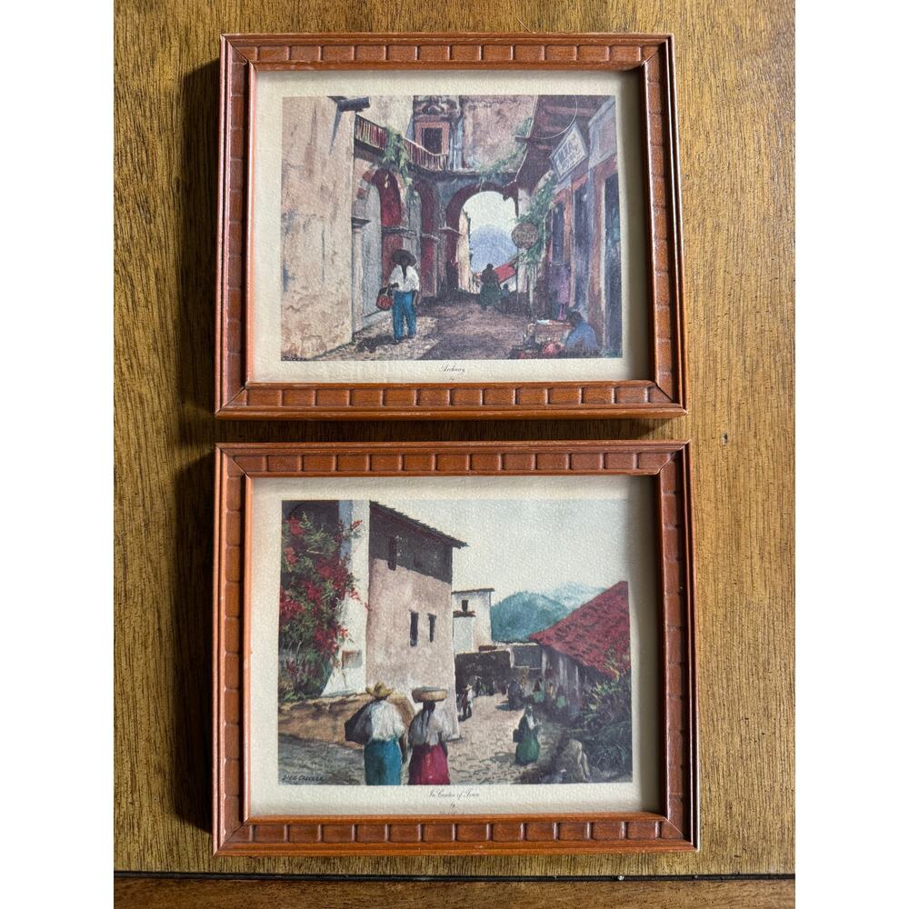 Vintage Framed Art Prints Set of 2 Dick Crocker 1956 Village Scenes 6x7
